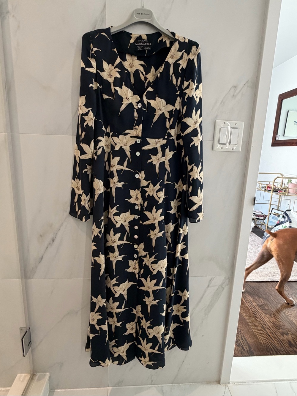 Vintage Tracy Reese for Magaschoni Blue Midi Dress with Cream Floral Print